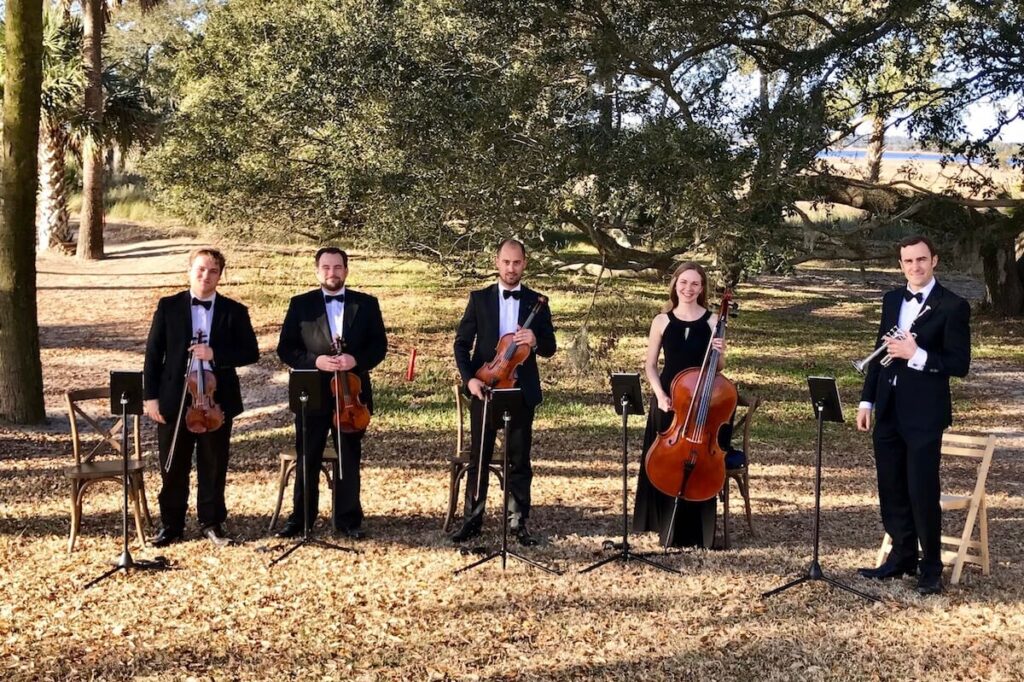 Wedding Ceremony on Kiawah Island at River Course | Charleston Virtuosi string quartet & trumpet player 