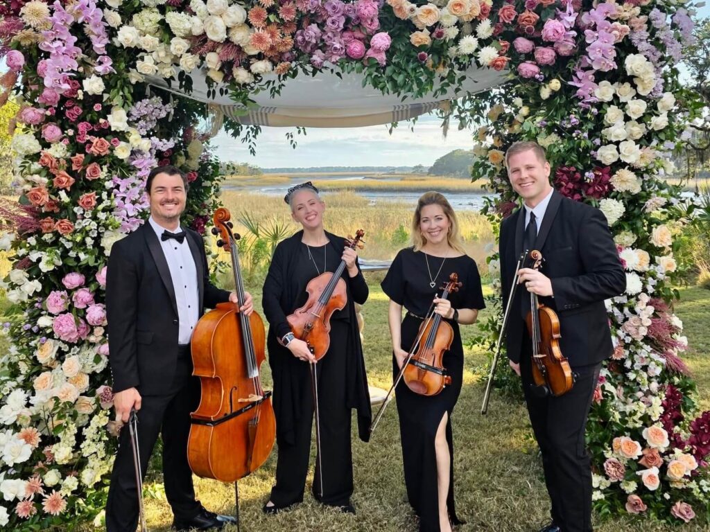 Charleston wedding musicians performing live ceremony music at The Dunlin with a string quartet